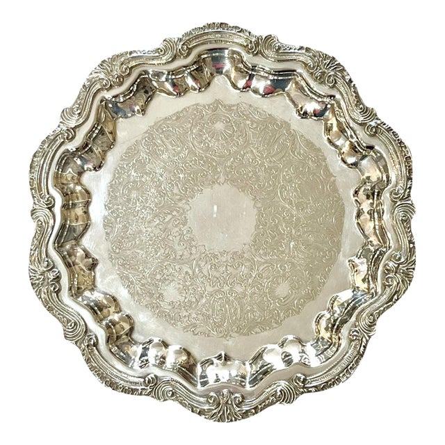 Vintage Footed Silver Salver Cocktail Tray Shell Detailing For Sale