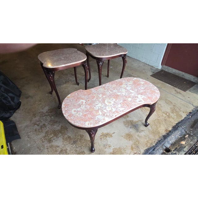 French Provincial Vintage French Provincial Style Pink Marble & Mahogany Coffee Table and Matching Side Tables For Sale - Image 3 of 4