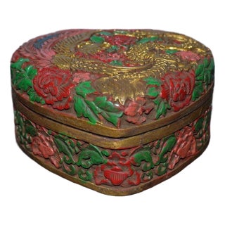 Vintage Chinese Carved Lacquer Heart Shaped Jewelry Box With Dragon Phoenix & Peony Relief For Sale