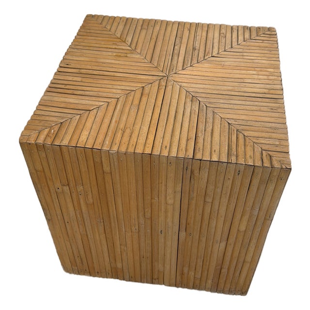 Vintage Split Reed Rattan/Bamboo Cube Side Table in the Style of Gabriella Crespi For Sale