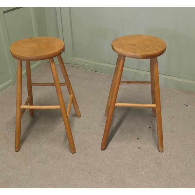 Tall Beech and Elm Farmhouse Kitchen Stools, 1960, Set of 2 For Sale - Image 3 of 7