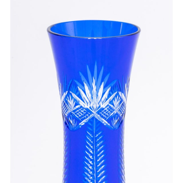 Pair of Cobalt Blue Cut-to-Clear Glass Flaring Vases. 8.5" H x 3" Diameter. Provenance: From a West End Avenue Collection.
