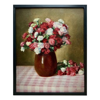 Victor Abeloos, Bouquet of Carnations on a Gingham Tablecloth, 1920, Oil Painting on Canvas, Framed For Sale