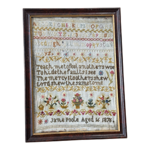 Antique English Embroidery Framed Sampler Textile Art