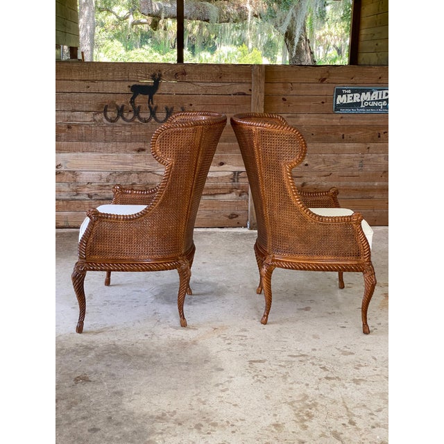 Pair of Rope Tassel Double Caned Carved Wood Wingback Chairs Chairish
