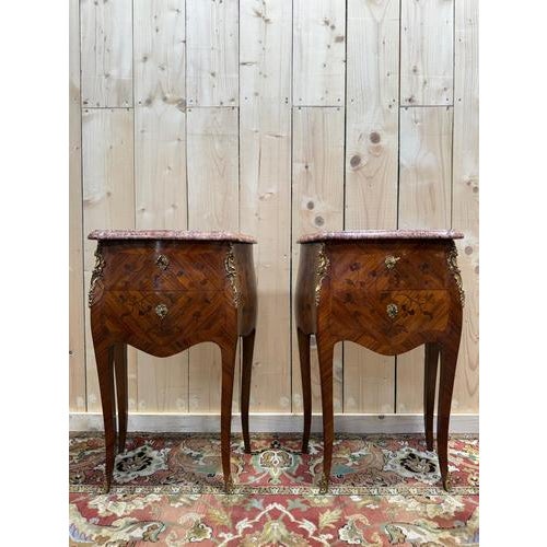 Brown Louis XV Style Marquetry and Marble Bedside Tables, Set of 2 For Sale - Image 8 of 8