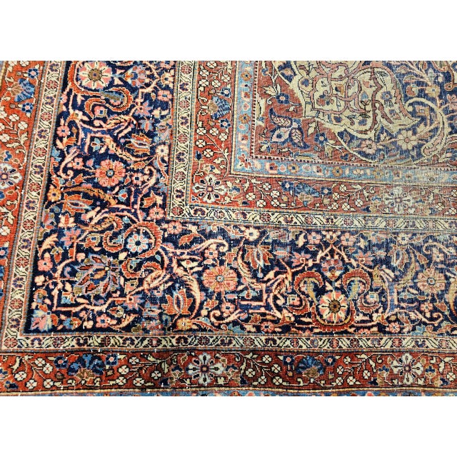 Persian 19th Century Persian Kashan Rug, Hand-Knotted Wool & Cotton, Floral Design, Ivory & Navy, 9x12 For Sale - Image 3 of 18