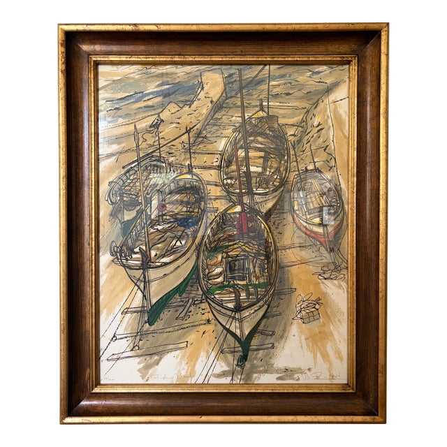 1970s “Fishing Boats” by Bruno Zupan Signed Limited Edition Lithograph 14/200 17x33 - Framed For Sale