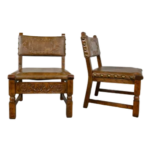 Vintage Spanish Revival Oak Pair of Chairs With Tooled Cognac Faux Leather Seat Backs Style Artes De Mexico