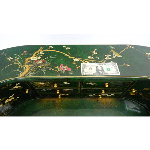 Chinoiserie Emerald Green Lacquer Chinoiserie Desk Writing Table Console & Chair MINT For Sale - Image 3 of 18