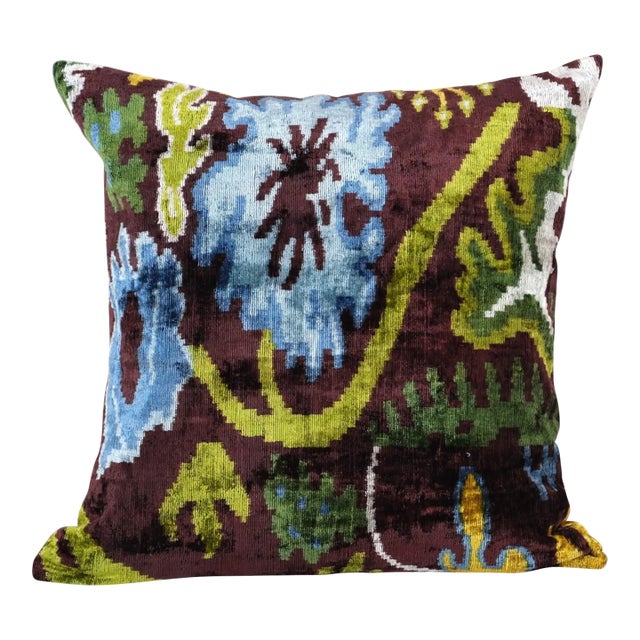 Floral Silk Velvet Ikat Pillow – Brown, Blue, and Green Cushion Cover For Sale