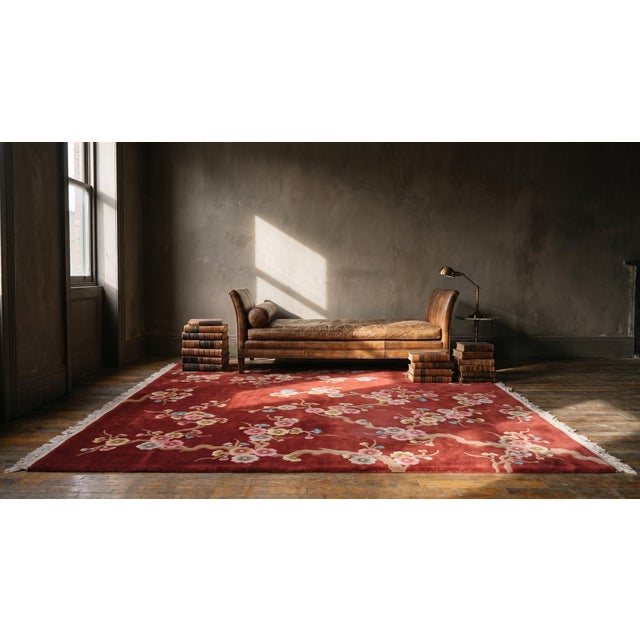 1930s Red Floral Modern Antique Chinese Art Deco Rug 8' X 10'2" Handknotted Wool Carpet For Sale - Image 15 of 17