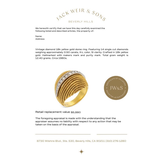 Metal Vintage Diamond 18k Yellow Gold Dome Ring, Size 6 For Sale - Image 7 of 7