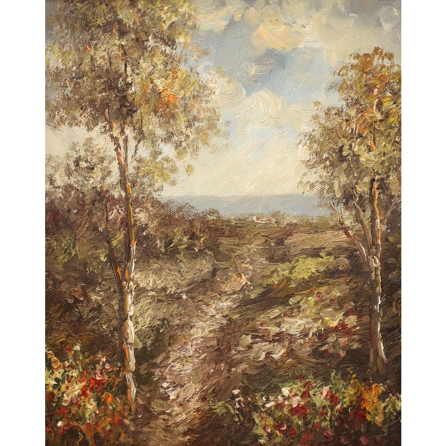 An original oil painting on canvas, impasto style, from the mid 20th Century. Untitled, (Landscape Overlooking Ocean)....