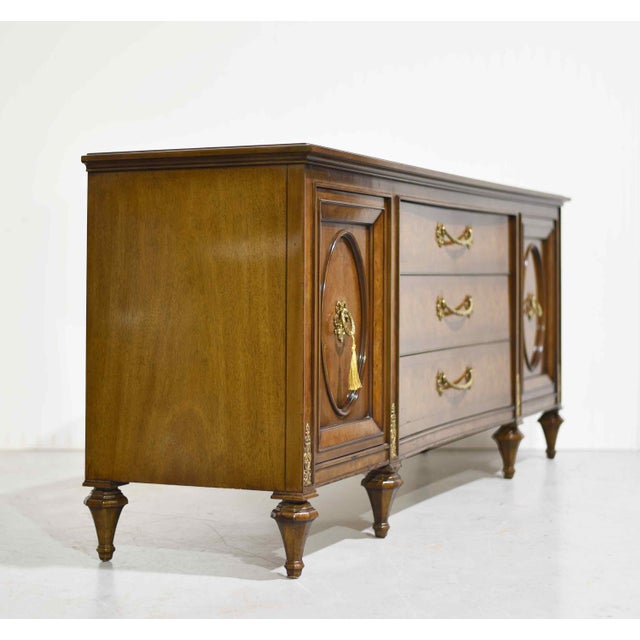 Mid 20th Century Mid Century French Provincial-Style Burlwood Lowboy Dresser by Hellam Furniture Company Pennsylvania For Sale - Image 5 of 17