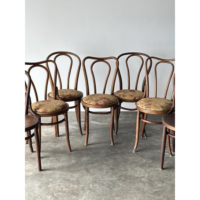 Wood Bentwood Oak Café Chairs W/ Rose Floral Seats, 1933 World's Fair — Set of 7 For Sale - Image 7 of 17