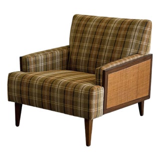 Vintage Plaid & Cane Lounge Chair For Sale