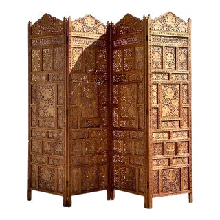 Vintage Boho Carved Wood Folding Screen For Sale