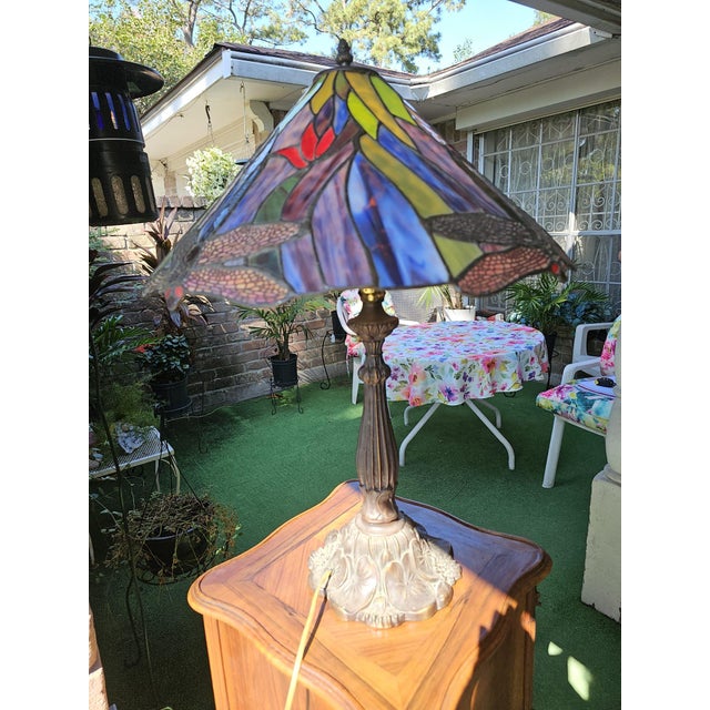 Traditional Vintage Tiffany Style Dragonfly Table Lamp For Sale - Image 3 of 12