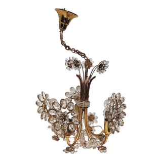 1940's Austrian Regency 24k Gold Plate Framed/ Cut Crystal Floral Form 5 Light Chandelier by Palwa For Sale