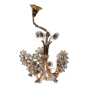 1940's Austrian Regency 24k Gold Plate Framed/ Cut Crystal Floral Form 5 Light Chandelier by Palwa