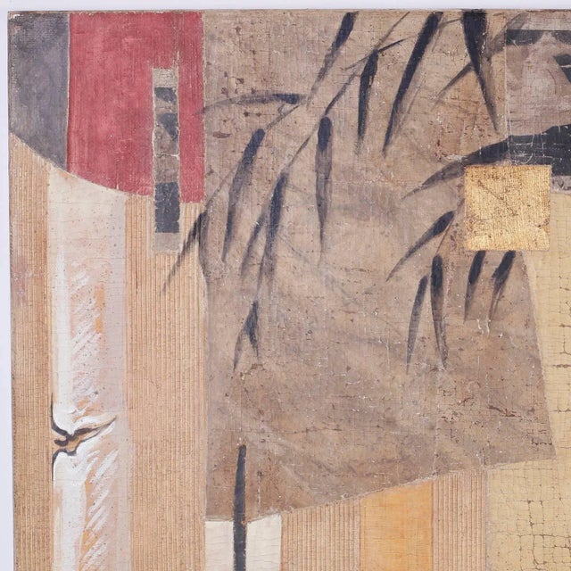 Oil painting on linen, in the fresco manner that has the feeling of a collage or assemblage but is a clever painted...