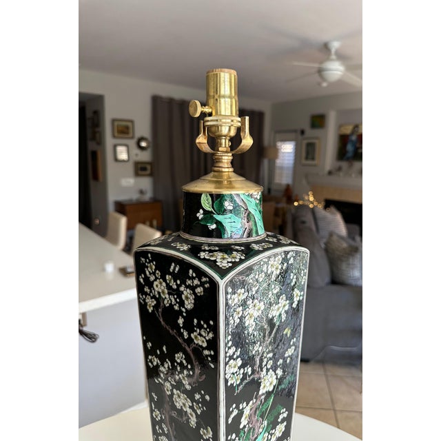 Late 19th Century Antique Chinese Famille Noire Porcelain Square Vase Table Lamp For Sale - Image 5 of 15