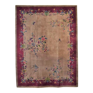 Antique Chinese Art Deco Wool Handmade Rug Taupe With Magenta Border 8’8”x11’4.5” For Sale