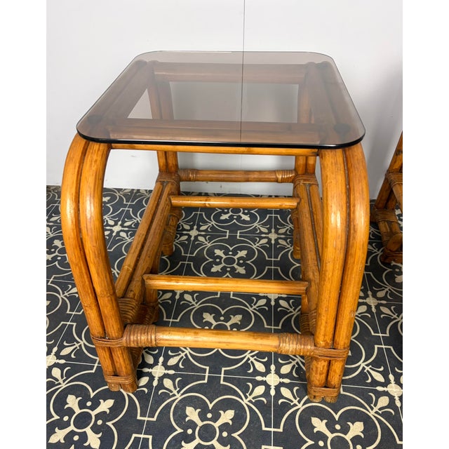 Mid-Century Modern Italian Bamboo and Rattan Side Tables with Smoked Glass, 1950s, Set of 2 For Sale - Image 16 of 18