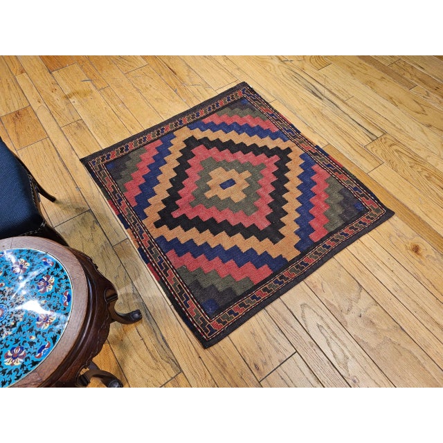 Brown Vintage Persian Sofreh Qashqai Tribal Kilim, Handwoven Wool, Geometric Multicolor Pattern, 4’ X 4’ For Sale - Image 8 of 9