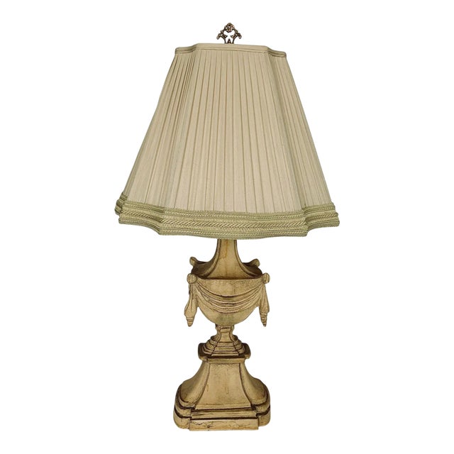 Late 20th Century Neoclassical Carved Wood Urn Lamp With Pleaded Silk Shade For Sale