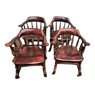 Vintage Jamestown Lounge Company Oak and Leather Pub Chairs - Set of 4 - Mid 20th Century For Sale