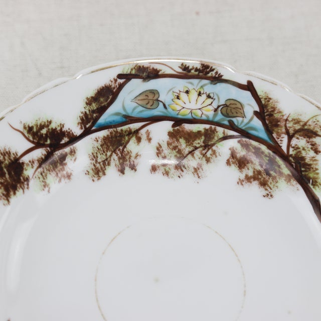 Ceramic Vintage Hand-Painted Porcelain Saucer – Asian Landscape & Lotus Design For Sale - Image 7 of 9