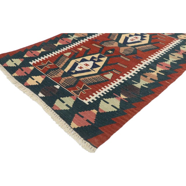 Vintage Persian Shiraz Kilim Rug with Tribal Style 03'00 x 04'01. Full of tiny details and a bold expressive design...