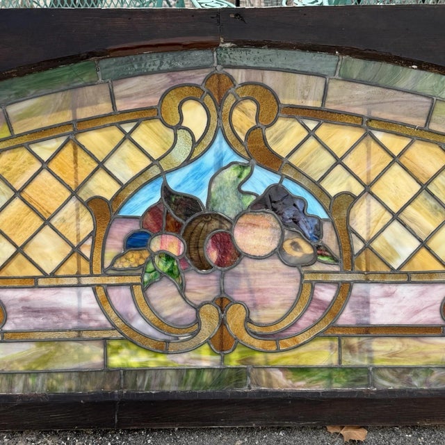 Antique Art Nouveau Colored Stained Glass Fruit 27 X 75 Arched Transom Window, A For Sale - Image 4 of 18