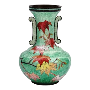 Antique Meiji Japanese Cloisonne Ginbari Enamel Green Double Handle Vase With Autum Leaves