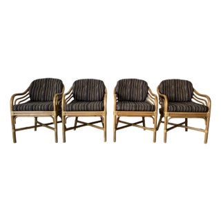 Vintage Brown Jordan Rattan and Leather Dining Chairs – Set of 4 For Sale