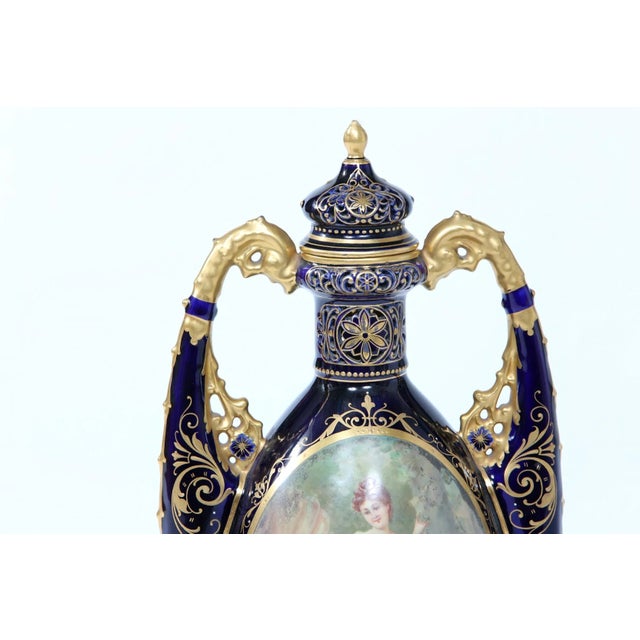 Ink Blue Early 20th Century Royal Vienna Cobalt / Gold Porcelain Lidded Urn For Sale - Image 8 of 11