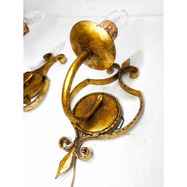 Wrought Iron and Gold Leaf Wall Lights, 1960s, Set of 3 For Sale - Image 6 of 13