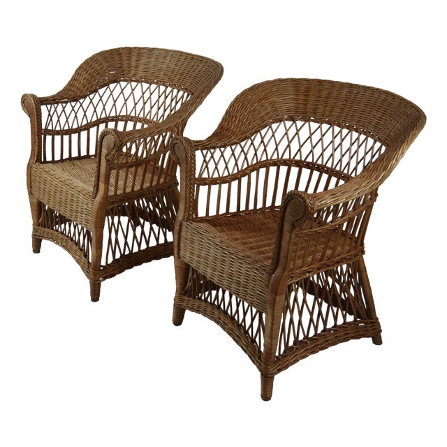 20th Century Wicker Armchairs with Rolled Arms, 1920, Set of 2 For Sale