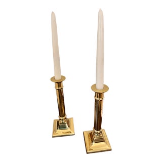 Pair of Vintage Polished Brass Neoclassical Column Candlesticks- Heavy For Sale