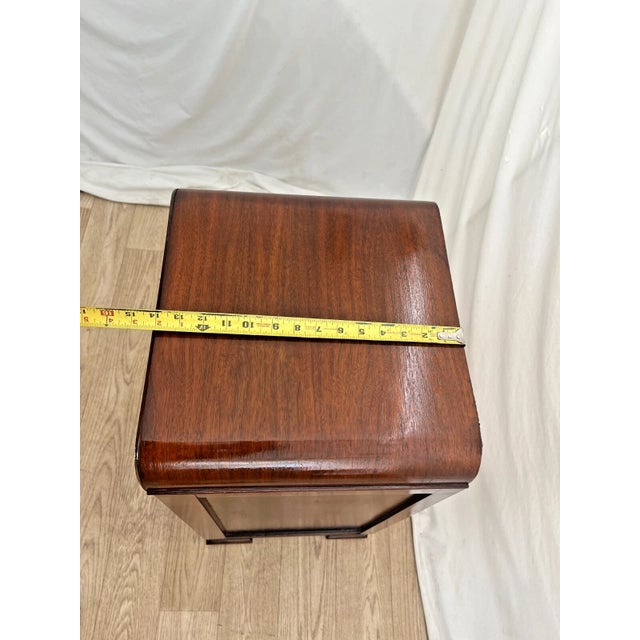 Wood 1920s Art Deco Table Nightstand Cabinet Dovetail Drawer Bake Lite Handle Inlays For Sale - Image 7 of 12