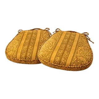 Vintage 1970s–1980s Damask Velvet Chair Seat Cushions With Ties – Pair – Gold & Olive Upholstery For Sale