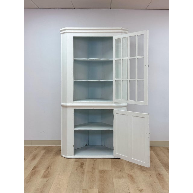 Wood Antique Painted White Corner China Cabinet Pane Glass Door 1800s Display Cabinet For Sale - Image 7 of 18