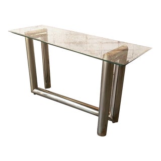 Vintage Modern Brass Tubular Console Sofa Table Glass Top Attributed to Karl Springer For Sale