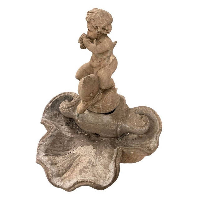 Vintage Classical Cast Stone Cherub on Dolphin Garden Fountain For Sale In West Palm - Image 6 of 12