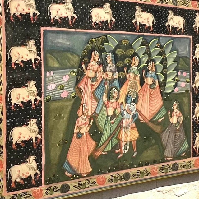 Vintage Indian Pichwai Folk Art Painting on Silk For Sale - Image 14 of 14