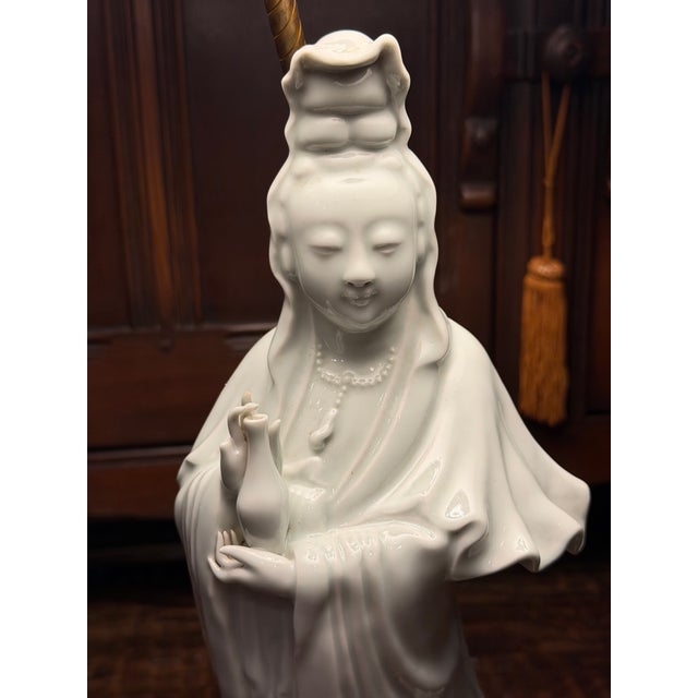 White Vintage Blanc De Chine Style Porcelain Guanyin Figural Table Lamp With Brass Base For Sale - Image 8 of 15