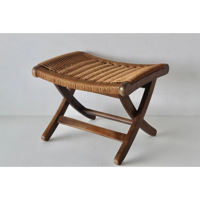 Mid-Century Danish Modern Hans Wegner Style Wood Rope Cord Folding Stool Ottoman For Sale In Miami - Image 6 of 18