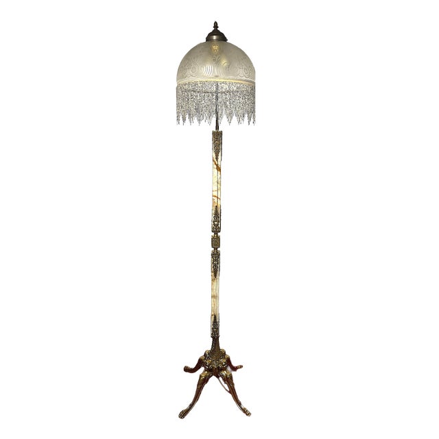 Single Brass and Onyx Bead Glass Shade Cherub Floor Lamp, 1950s For Sale